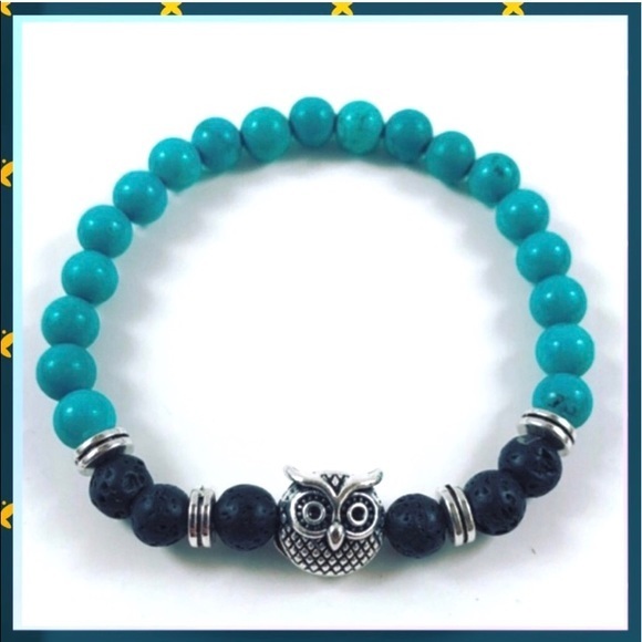 Women turquoise lava rock owl beaded bracelet - Picture 1 of 7